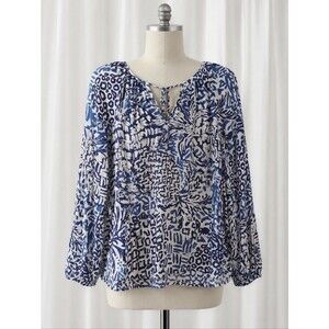 Lilly Pulitzer Willa Indigo Home Slice Long Sleeve Lightweight Resort Wear Tunic